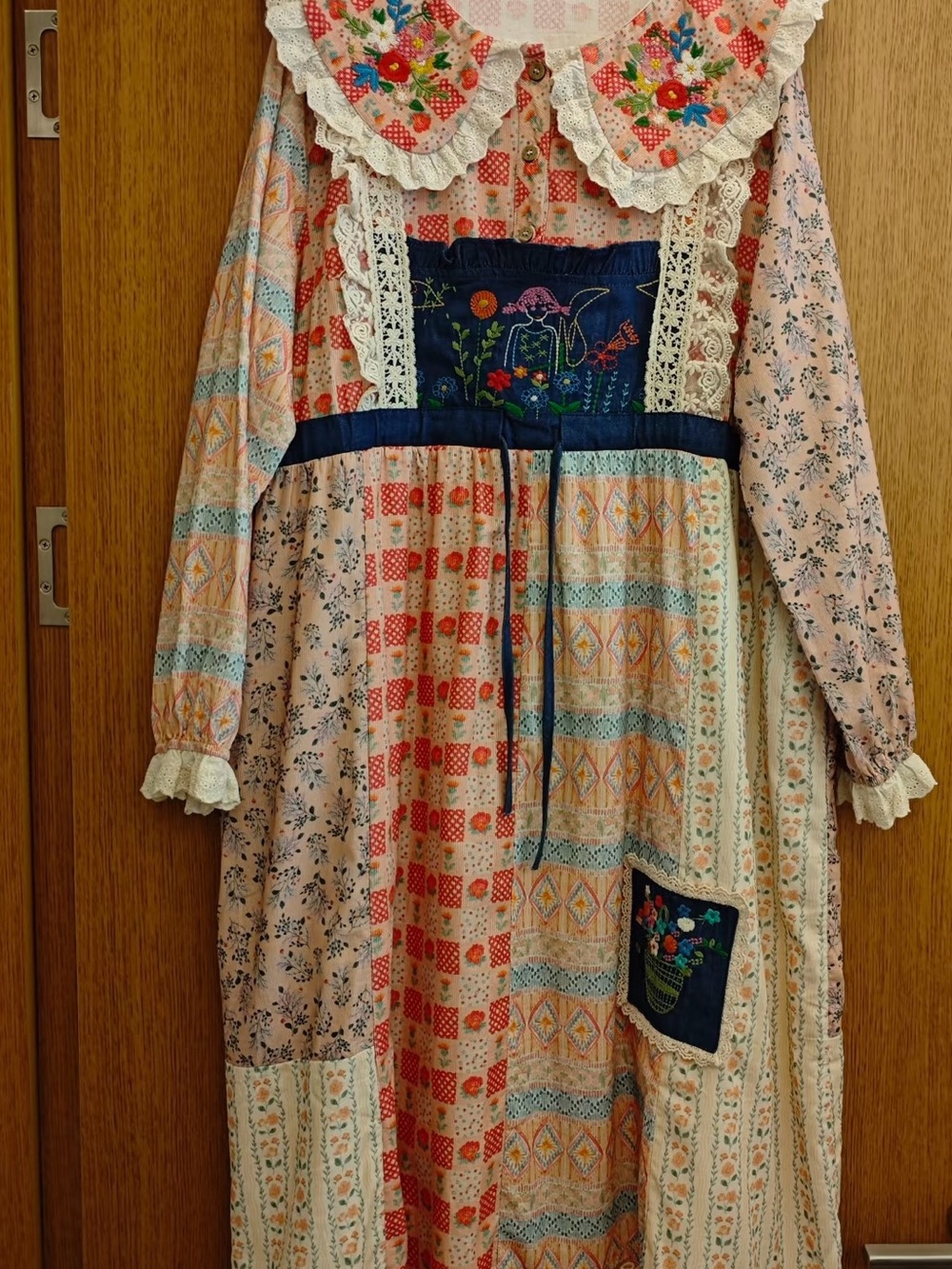 Adult Pink Floral Patchwork Dress with Navy Embroidered Bib